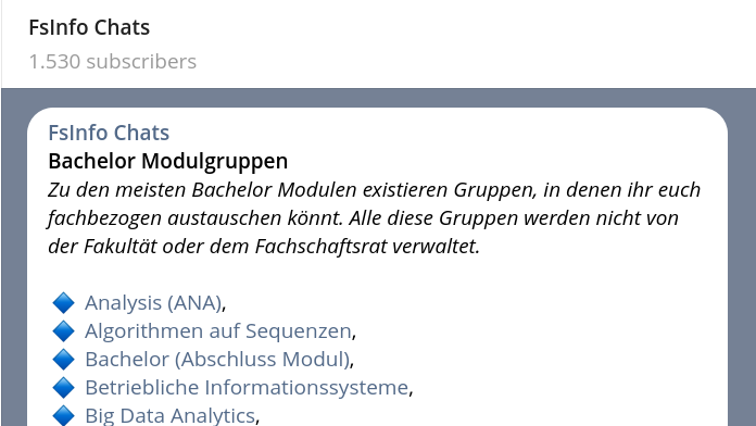 Telegram-Channel 'FSInfo Chats' mit abgeschnitterner Nachricht in der einige Channel verlinkt sind