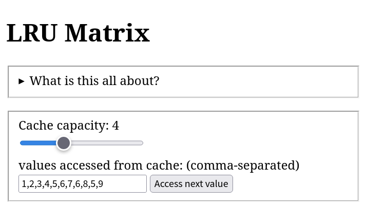 Mit 'LRU Matrix' betitelte Website mit einem 'Cach capacity' slider